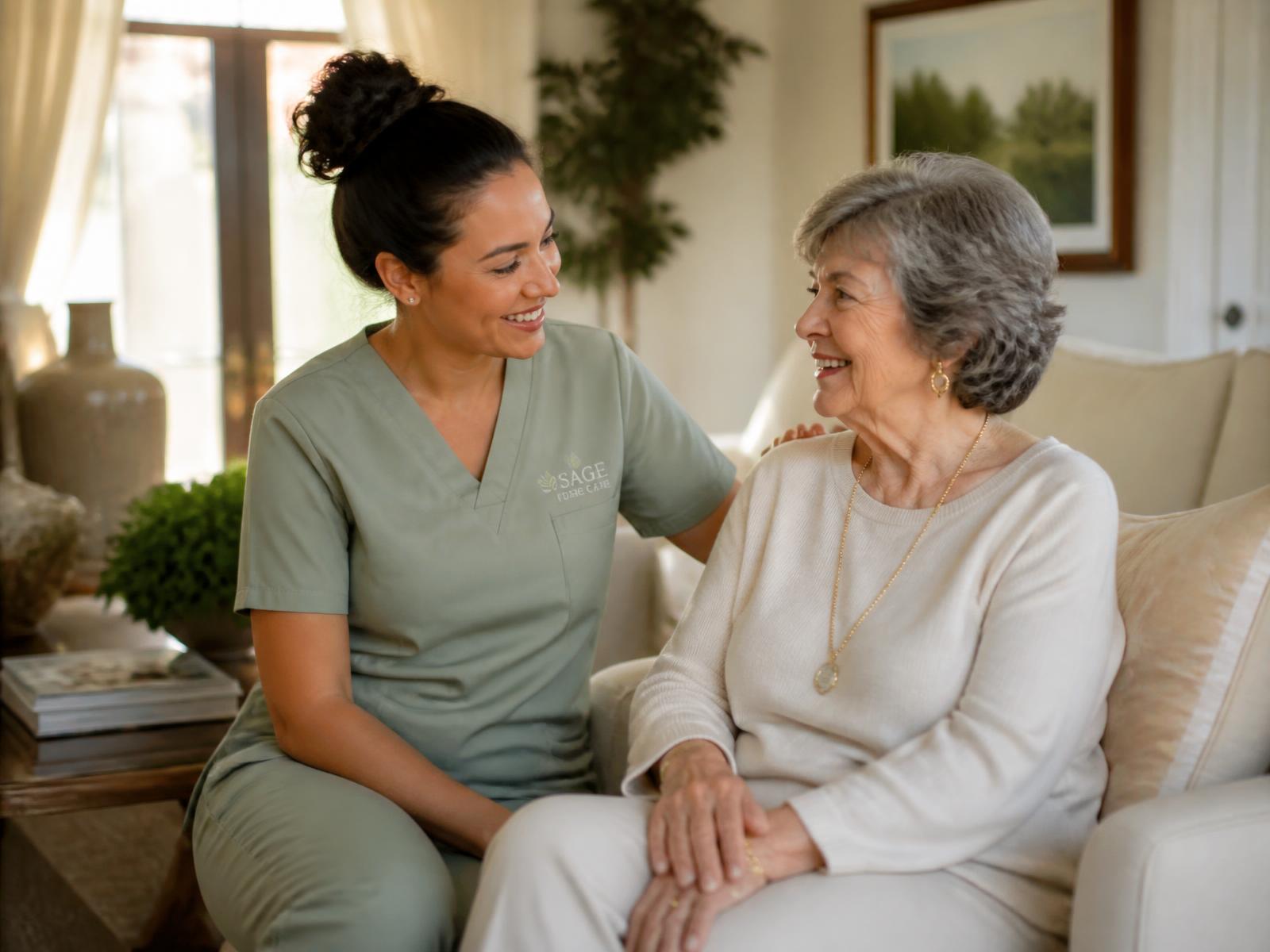 Savanchi caregiver sitting with a smiling senior client in her living room